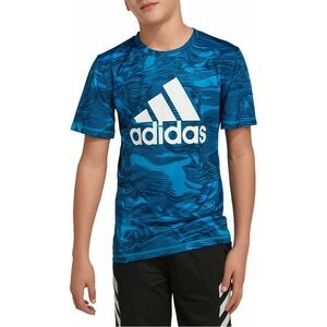 Boys Adidas Primegreen Blue Warped Camo Allover Print Short Sleeve T-Shirt